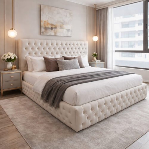 Cama Capitoné Premium Felpa Crudo