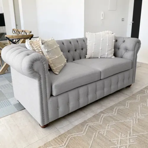 Sofá Chesterfield Lino Gris Plata