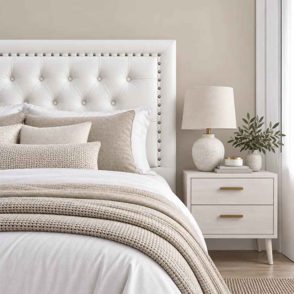 Respaldo de Cama Capitoné Frame Tachas Ecocuero Blanco