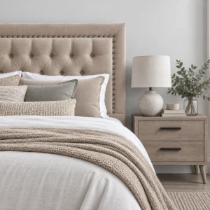 Respaldo de Cama Capitoné Frame Tachas Felpa Beige