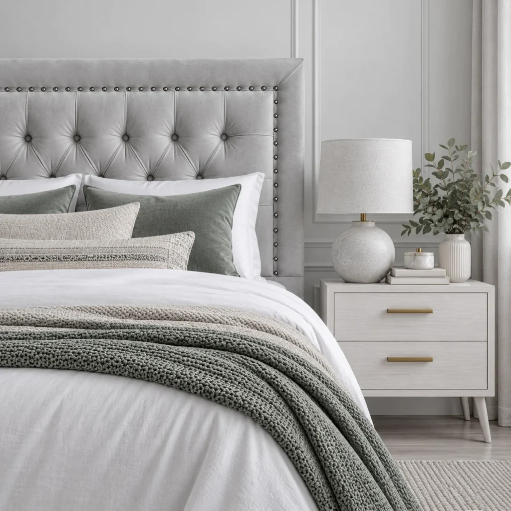 Respaldo de Cama Capitoné Frame Tachas Felpa Gris Plata