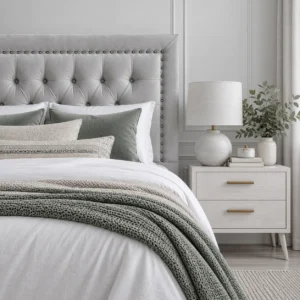 Respaldo de Cama Capitoné Frame Tachas Felpa Gris Plata
