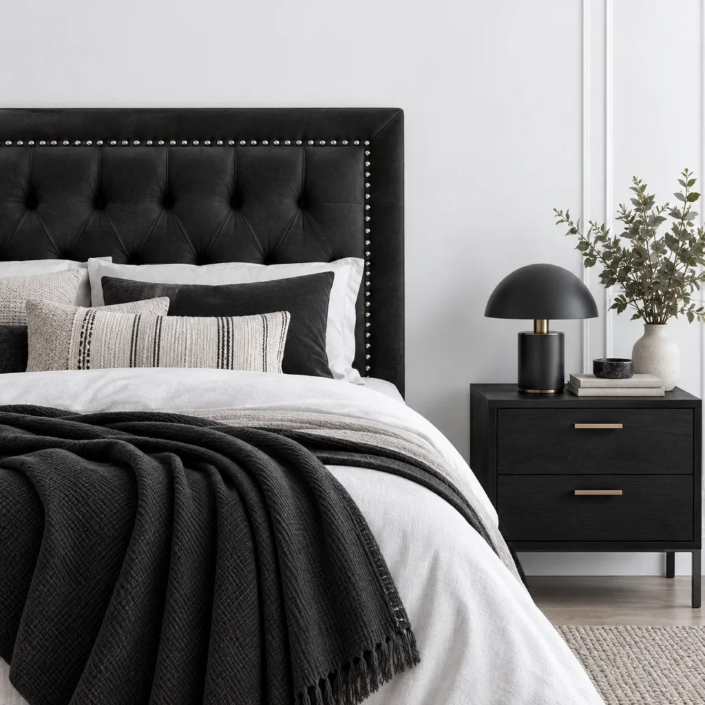 Respaldo de Cama Capitoné Frame Tachas Felpa Negro