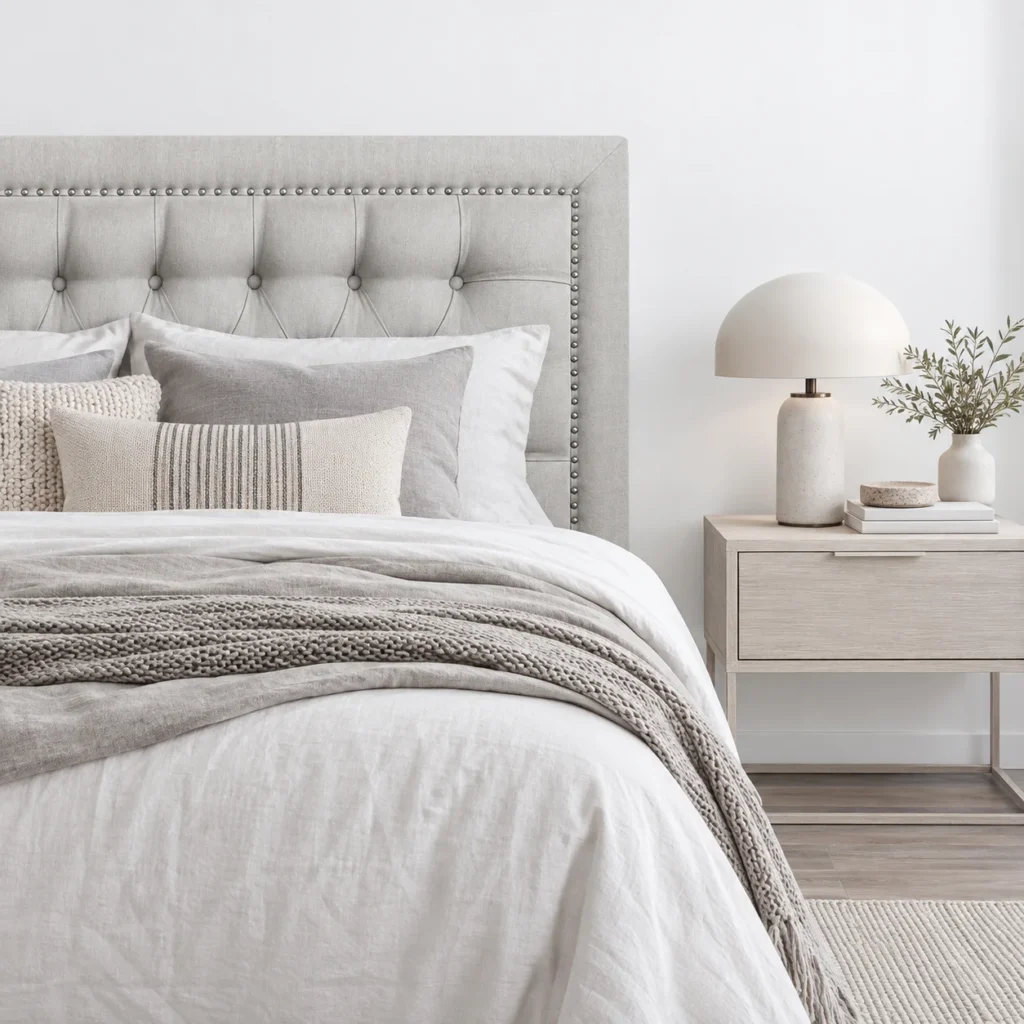 Respaldo Capitoné Frame Tachas King Lino Gris Plata