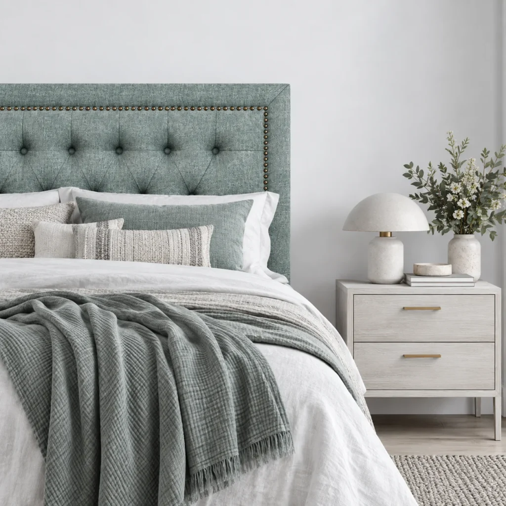 Respaldo de Cama Capitoné Frame Tachas Lino Verde Jeans