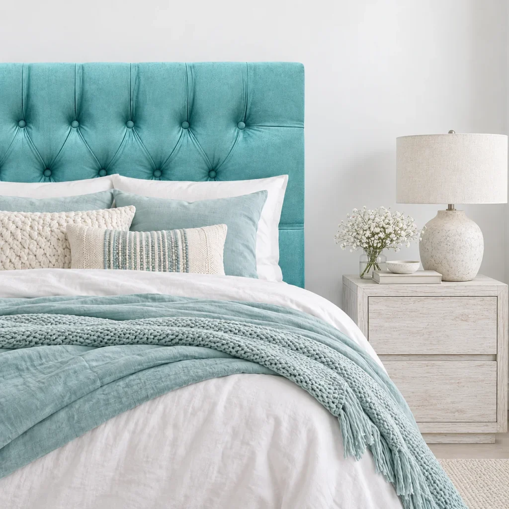 Respaldo de Cama Capitoné Premium Felpa Turquesa