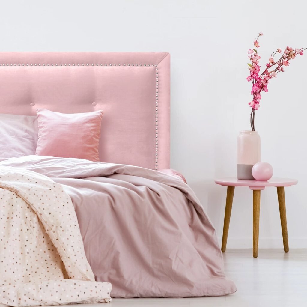 Respaldo de Cama Botoné Frame Tachas Felpa Rosado Claro