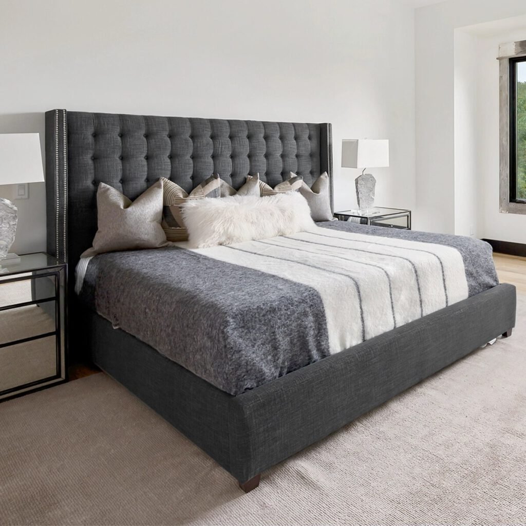 Cama Botoné Wing Recta Tachas Lino Grafito
