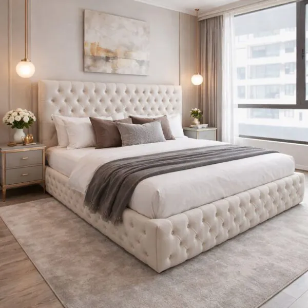 Cama Capitoné Premium Felpa Crudo