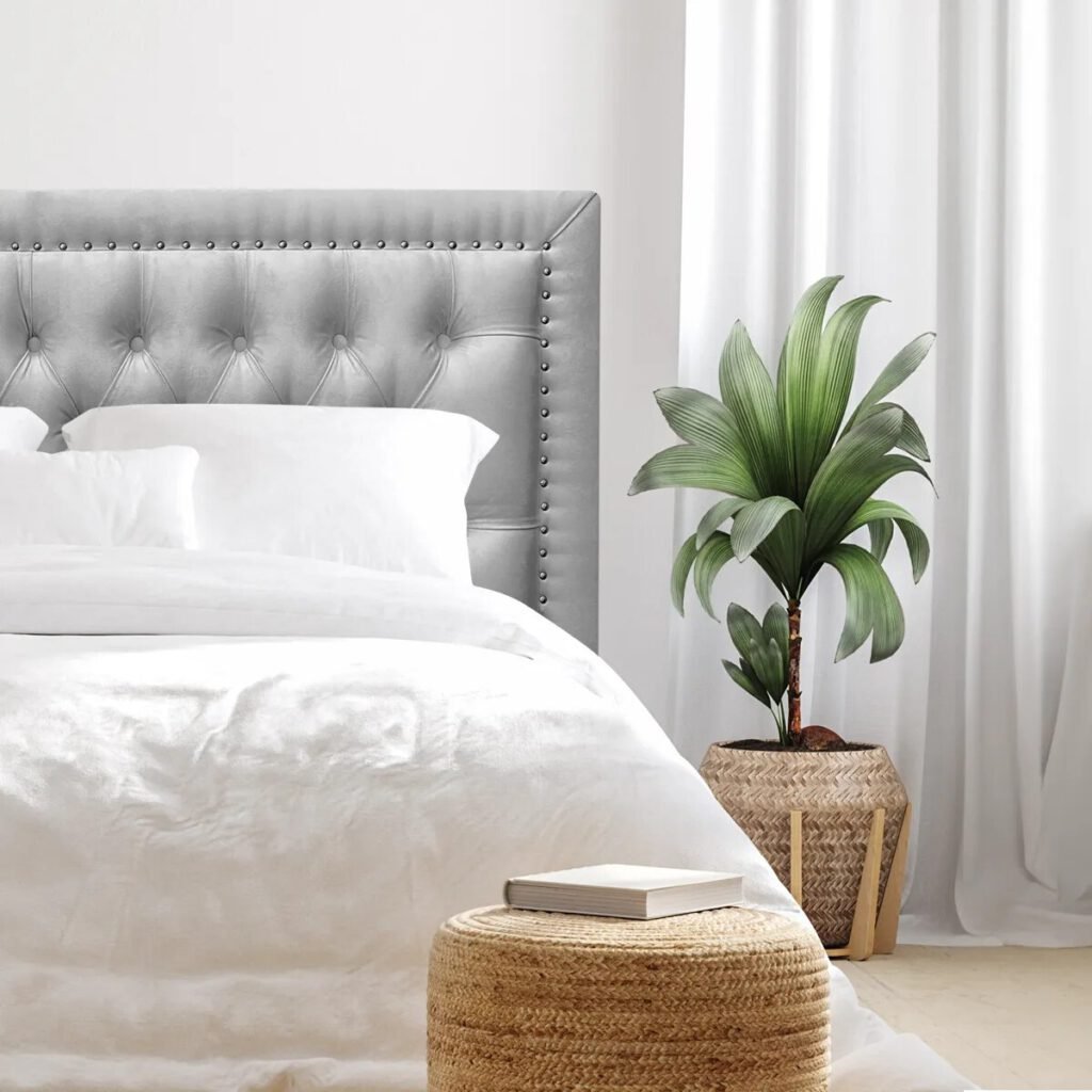 Respaldo de Cama Capitoné Frame Tachas Felpa Gris Plata