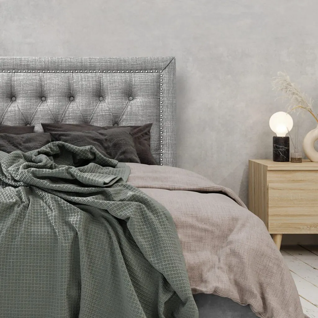 Respaldo de Cama Capitoné Frame Tachas Lino Gris Bariloche