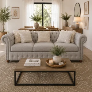 Sofá Chesterfield Lino Gris Plata
