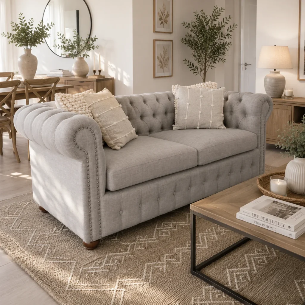 Sofá Chesterfield Lino Gris Plata