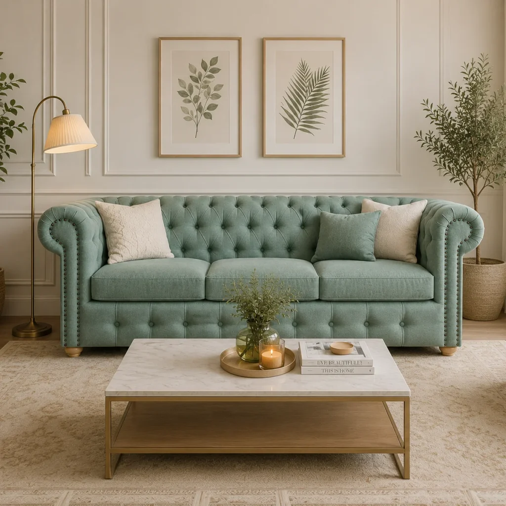 Sofá Chesterfield Lino Verde Jeans