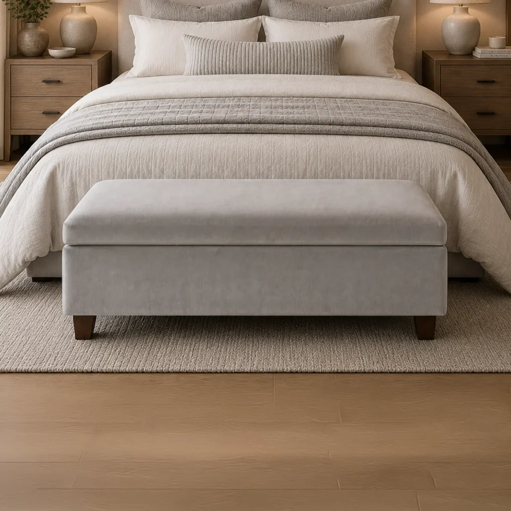 Banqueta Baúl Flat Felpa Gris Plata