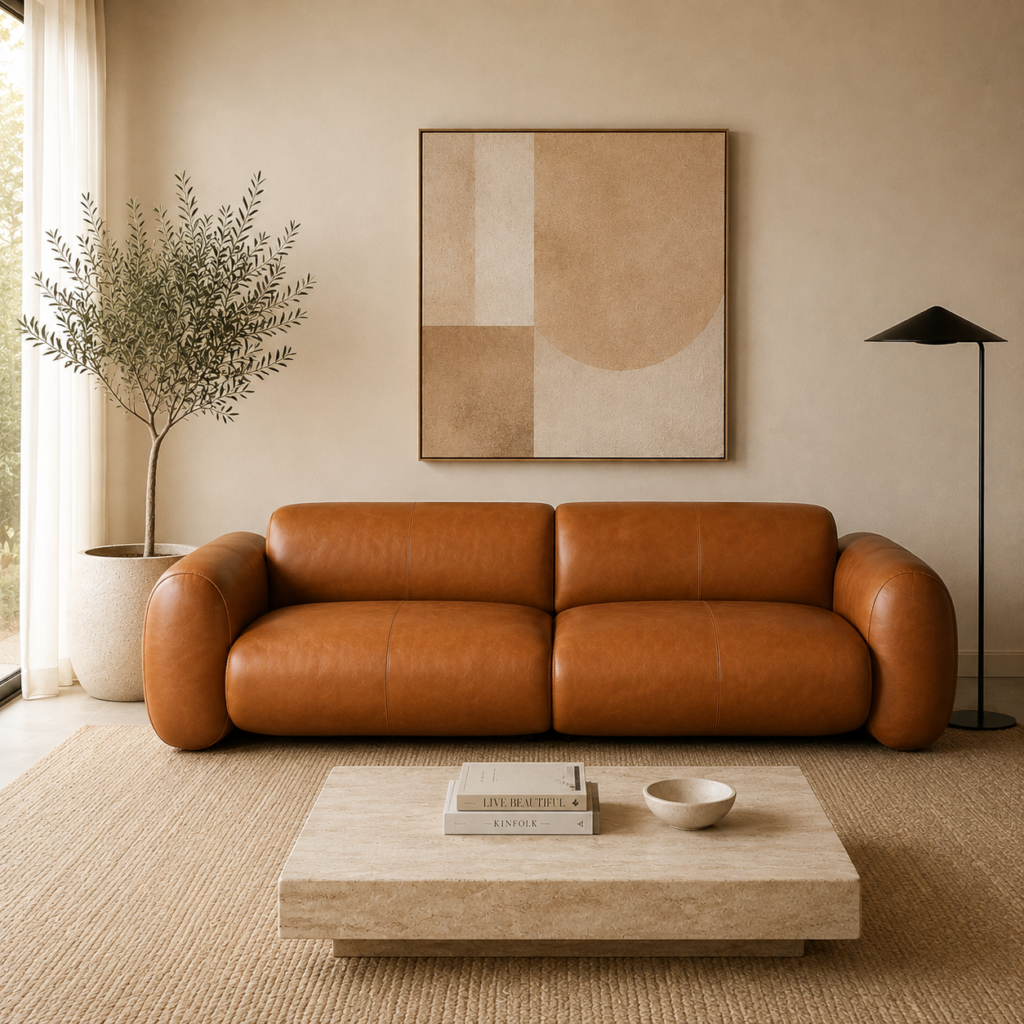 Sofá Vittorio Hereford en cuero color cognac ambientado en un living contemporáneo de diseño minimalista.