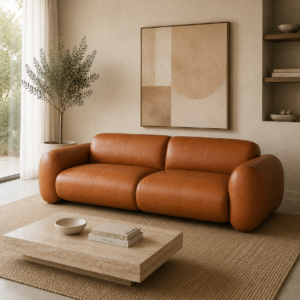 Detalle del asiento acolchado del Sofá Vittorio Hereford en cuero, diseñado para brindar máximo confort y durabilidad.