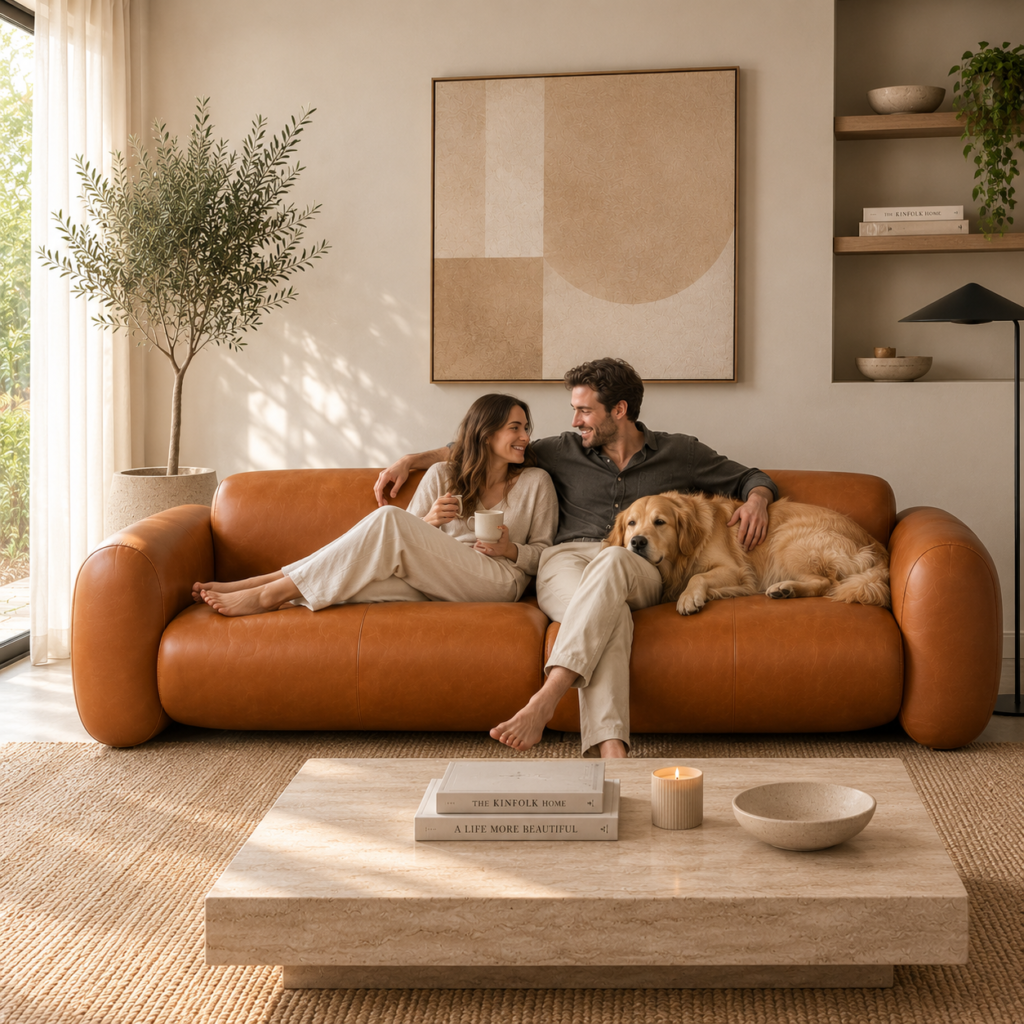 Sofá Vittorio Hereford en cuero color cognac en un living moderno, acompañado por una pareja y su perro, reflejando confort, diseño y estilo de vida.
