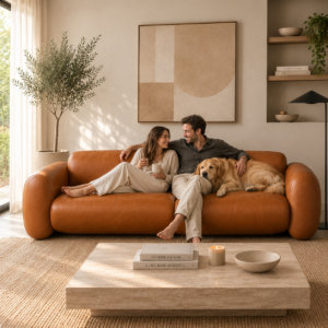 Sofá Vittorio Hereford en cuero color cognac en un living moderno, acompañado por una pareja y su perro, reflejando confort, diseño y estilo de vida.