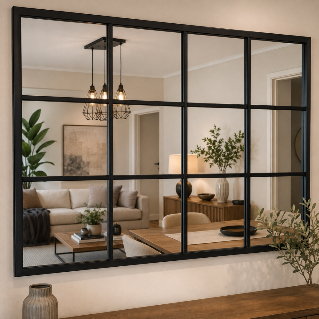 Espejo Tipo Ventana Diseño Cuadriculado negro - Espacio Hogar