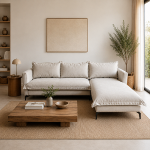 Sofá Patagonia con chaise derecho tapizado en tono beige, ambientado en un living contemporáneo con luz natural y decoración en tonos neutros.