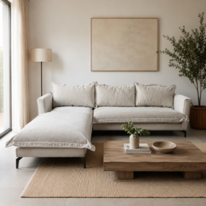 Seccional Patagonia con chaise izquierdo tapizado en tela color beige, ambientado en un living contemporáneo con luz natural, mesa de centro de madera y decoración en tonos neutros.